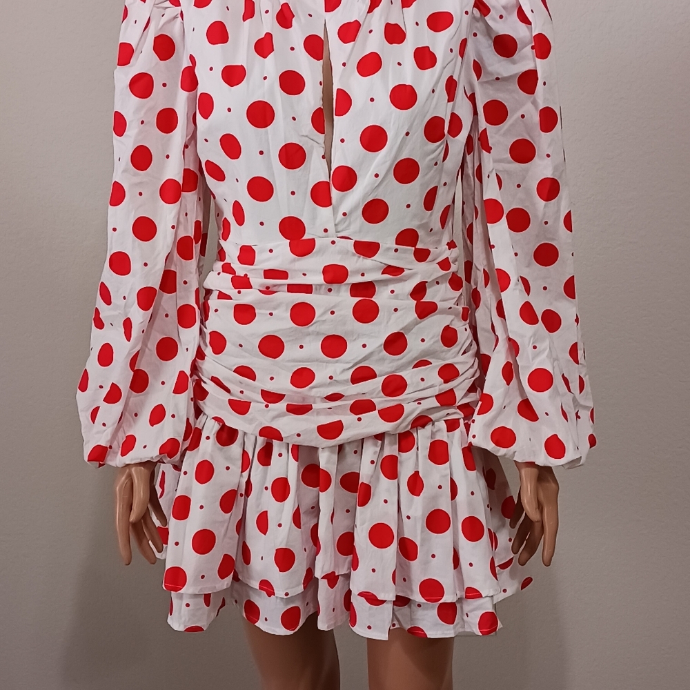 The Sang Dress Mini Cocktail Red White Polka Dot Dress M Cute Balloon Sleeve